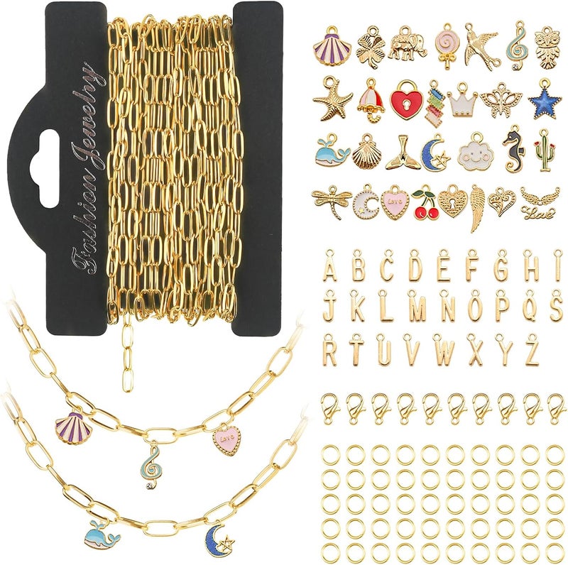 Ecoofor 18K Gold Chain for Jewelry Making – Stainless Steel Paperclip Chain, 16.6 Feet DIY Bracelet Necklace Kit with 100 Jump Rings, 50 Clasps, 26 Letter Pendants & 30 Colorful Charms - Image 1